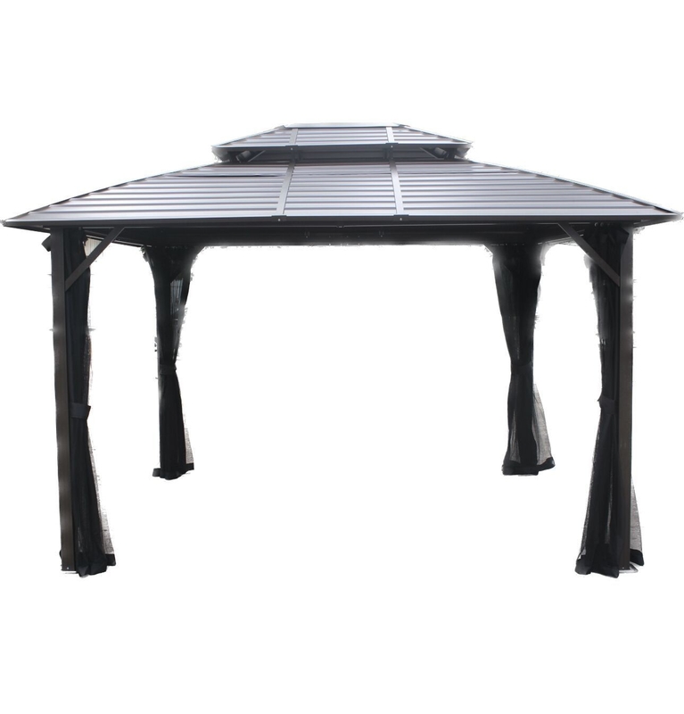 3X3.65X2.73M Gazebo exterior de metal con doble tapa para artículos de jardín con árboles